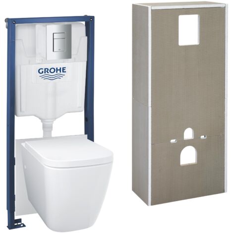 GROHE Pack WC suspendu Solido, cuvette sans bride, plaque de commade chromée, isolant et habillage à carreler