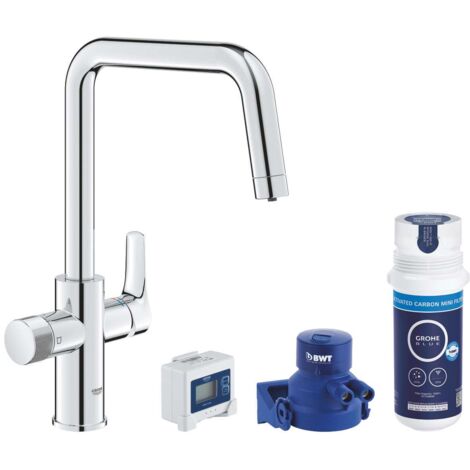 Grohe – Mitigeur de cuisine avec filtration 30596000 – Bec U pivotant 150° – Poignée séparée pour eau filtrée – Filtre à charbon actif inclus