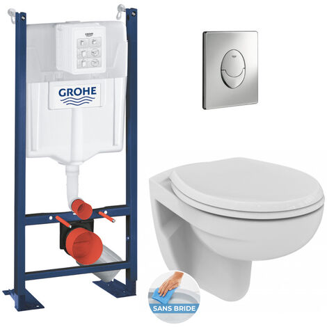 Grohe Pack WC Bâti autoportant avec Cuvette Porcher rimless + Abattant +  Plaque chrome (ProjectPorcher-2)