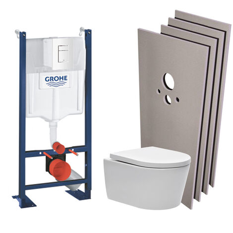 Grohe Pack WC Bâti autoportant + Cuvette SAT sans bride, fixations cachées + Plaque blanche + Set habillage (ProjectSATrimless-4-sabo)