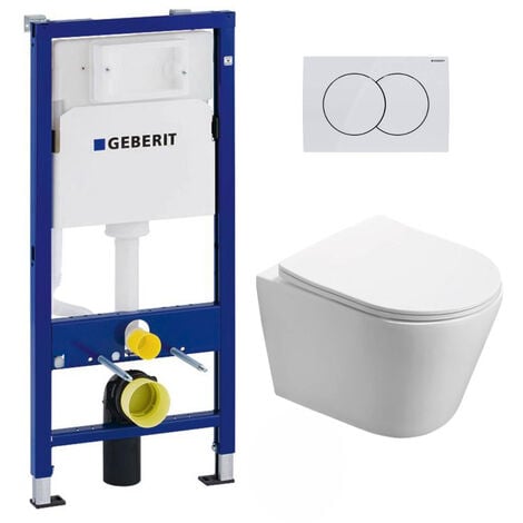 Geberit Pack WC Bâti-support + WC Swiss Aqua Technologies Infinitio sans  bride + Plaque Blanc
