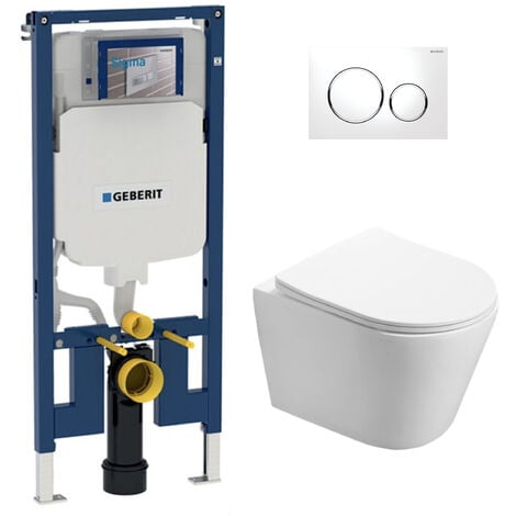 Pack WC Bati-support Geberit UP720 extra-plat + WC SAT Infinitio sans bride fixations invisibles + Plaque blanche (SLIM-Infiniti