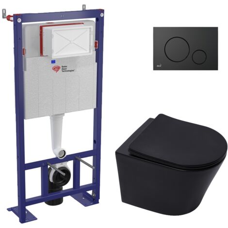 Swiss Aqua Technologies Pack WC bâti-autoportant + WC Infinitio noir mat sans bride + Abattant softclose + Plaque noire mat (SMART-BlackInfinitio-2) (1/5)