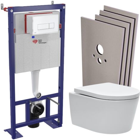 Swiss Aqua Technologies Pack WC bâti-autoportant + WC SAT sans bride + Abattant softclose + Plaque blanche + Set d'habillage