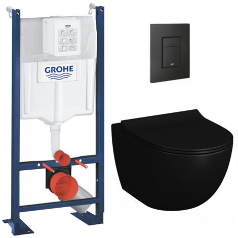 Grohe Pack Bâti autoportant + WC Vitra Sento noir mat sans bride fixations invisibles + Abattant softclose + Plaque noire mat (1/5)