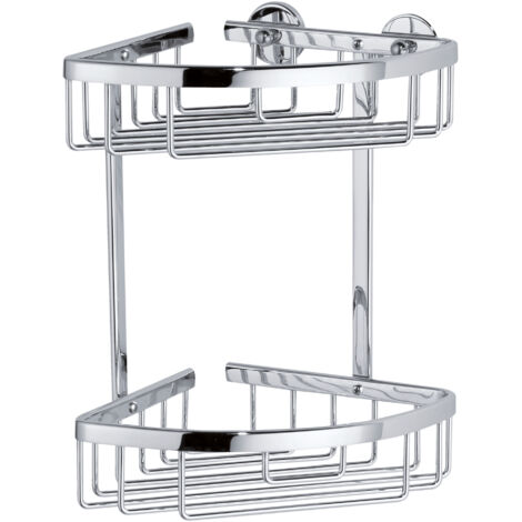 Tesa – Étagère d'angle 2 paniers – Installation facile sans perçage – Aluminium chromé – Fixation résistante à l'eau – Pour carrelage et métal
