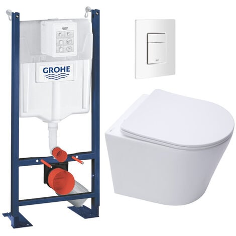 Grohe Pack WC Bâti-support autoportant + WC suspendu sans bride SAT Infinitio + Abattant frein de chute + Plaque Blanc Alpin