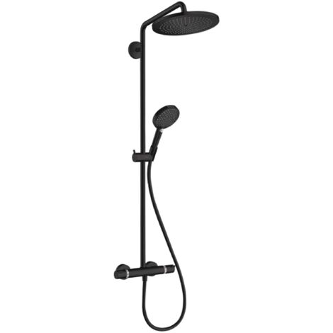Hansgrohe – Colonne de douche thermostatique 280 mm – Douche de tête RainAir – Finition noir mat – Économie d'eau EcoSmart – Installation en surface