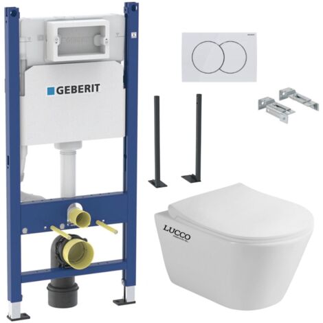 Pack Autoportant Bati-support Geberit Duofix + WC sans bride Lucco Avva + Abattant softclose + Plaque blanche (AvvaGebX)
