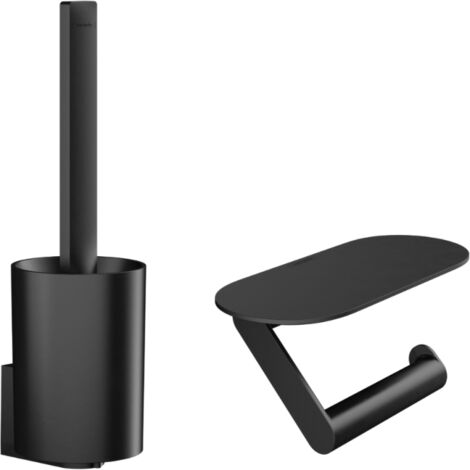 Hansgrohe – Set de toilette WallStoris 27969670 – Porte-papier et porte-brosse en plastique noir mat – Fixation par collage ou perçage – Design moderne