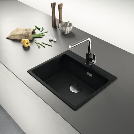 Franke Maris MRG 610-54 Evier à encastrer 59x50cm, avec bonde et siphon gain de place, en Fragranit+, Noir mat + Cache bonde
