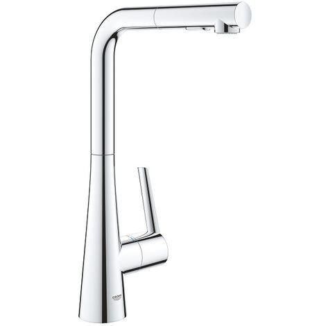 Grohe – Mitigeur évier 32553002 – Bec haut en L – Douchette extractible avec 2 jets – Finition chromée – Installation monotrou rapide