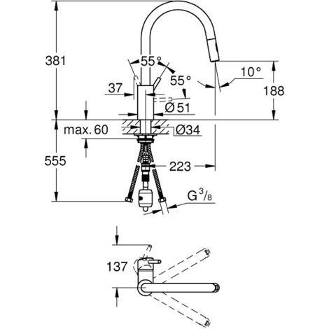 Grohe CONCETTO Mitigeur monocommande pour évier avec douchette extractible 2 jets, Supersteel (31483DC2)
