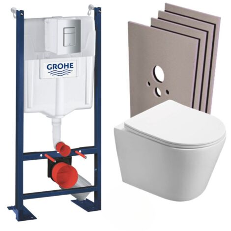 Grohe Pack WC Bâti autoportant + WC sans bride SAT Infinitio + Abattant softclose + Plaque Chrome mat + Set habillage
