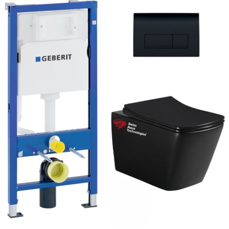 Pack WC suspendu sans bride – Bâti-support Geberit Duofix UP100 – Cuvette design noir mat – Abattant SoftClose – SKU SBLINFIGEB7 (1/5)
