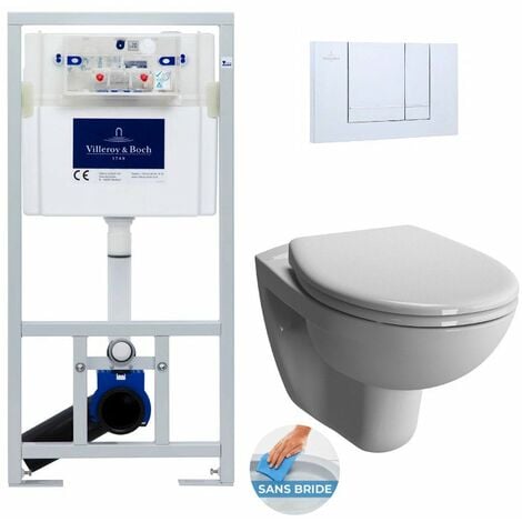 Villeroy & Boch Pack WC Bâti-support Viconnect + WC sans bride Vitra Normus + Abattant softclose + Plaque chrome (ViConnectNormusRimless-1)