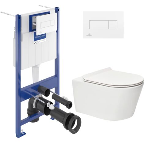 Villeroy & Boch Pack WC Bâti-support Villeroy & Boch + WC sans bride SAT + Abattant ultra-fin softclose + Plaque blanche (ViConnectBrevis-2)