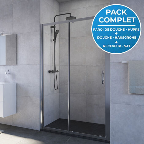 HÜPPE Pack douche : Porte coulissante 120cm + Colonne de douche avec mitigeur thermostatique Hansgrohe + Receveur 120x90cm Noir (1/5)