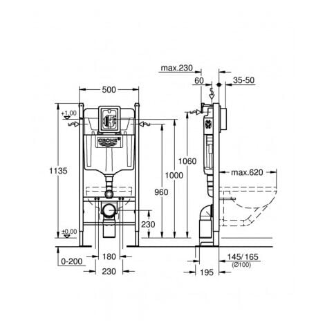 Pack WC suspendu Bâti universel Rapid SL GROHE Cuvette IDAO, Sans bride,  Plaque blanche