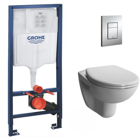 Grohe Pack WC Bâti-support Rapid SL + Vitra Normus WC suspendu sans bride + Abattant frein de chute + Plaque Chrome