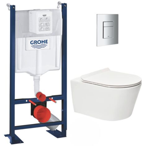 Grohe Pack WC Bâti autoportant + WC sans bride SAT Brevis + Abattant ultra-fin softclose + Plaque chrome (ProjectBrevis-1) (1/5)