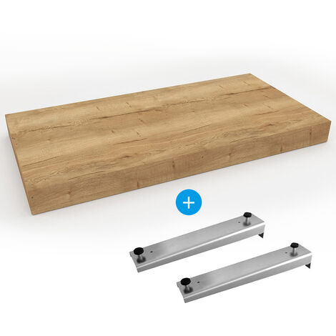 Plan vasque 100x50 cm – 2 supports Dolce 39,5 cm inclus – Imitation chêne Halifax brun clair – Résistant à l'eau (1/5)
