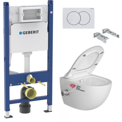 Pack WC Bati-support Geberit + WC sans bride SAT avec bidet thermostatique + Abattant softclose + Plaque Blanche (SATCleanGeb3)