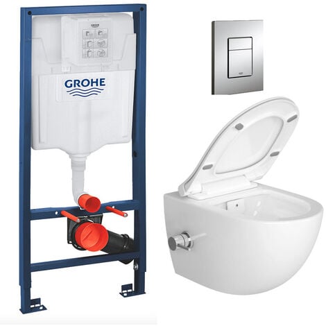Grohe Pack WC Bâti-support Rapid SL + Cuvette suspendue Vitra + Abattant +  Douchette bidet + Plaque Chrome