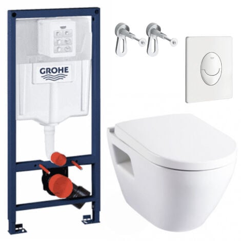 Grohe Pack WC Bâti Autoportant Rapid SL + WC sans bride SAT + Abattant  softclose + Douchette bidet + Plaque chrome - Livea Sanitaire
