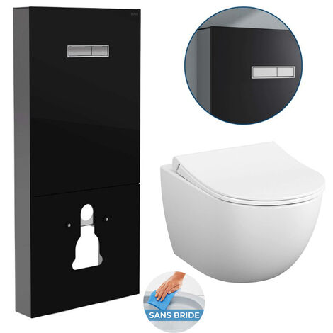 Vitra Pack WC Bâti support en verre trempé/aluminium brossé avec plaque  intégrée, Noir + WC sans bride Sento + Abattant softclose