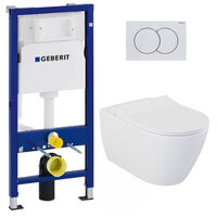 Geberit Pack WC Bâti-support UP100 + WC sans bride Bello + Abattant softclose + Plaque Blanc alpin (BelloGeb1)