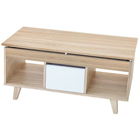 Table basse relevable 2179 – Chêne blanc – Hauteur réglable 47/56 cm – Tiroir accessible des deux côtés – Design nordique moderne – Topkit