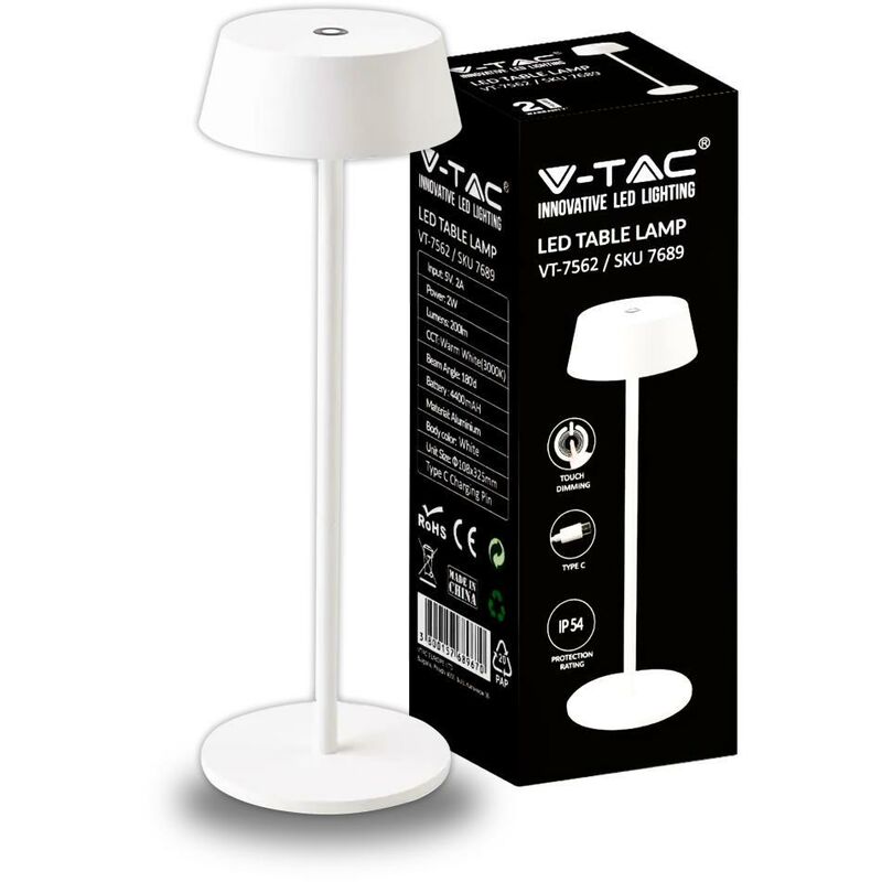 V-TAC VT-7522 Lampe de table LED 2W Wireless Chargin blanc chaud 3000K avec  batterie 4400mA tactile Gradation et on/off corps blanc Étanche IP54 - SKU  7561