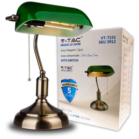 V-Tac – Lampe de bureau E27 en verre et métal – IP20 usage intérieur – 60W max – Design vintage vert – Interrupteur à chaînette