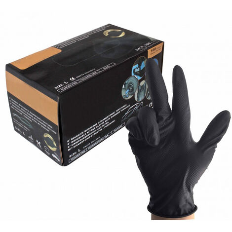 Caja 100 Guantes de Nitrilo Diamantados super resistentes negros Talla XL para taller mecanico,industria,bricolaje,etc….