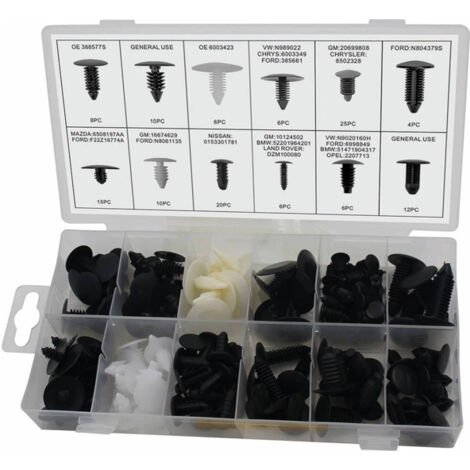 Pack de 128 grapas y clips de plástico para carrocería de coche. Universales, compatibles con VW, Ford y otras marcas. Repuestos de automoción.