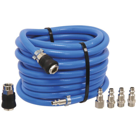 Manguera de aire comprimido de 10 mts de 8x14 mm 20 bar con conectores rápidos 1/4". Incluye 5 accesorios de conexión para compresores, pistolas neumáticas y herramientas de aire.