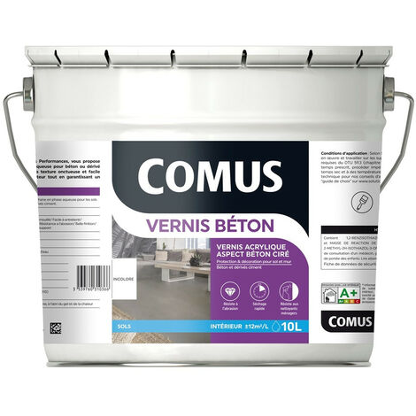 Comus – Vernis béton 10L – Polyuréthane acrylique incolore – Finition cirée haute résistance – Application rapide en 2 couches