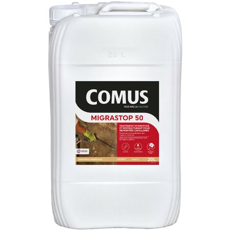 Hydrofuge Minéral MIGRASTOP® 50 - 20L - Traitement Hydrofuge pour remontées capillaires, murs humides, pierres calcaires - COMUS