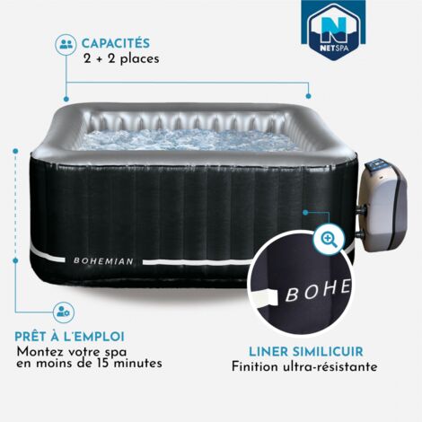 SPA gonflable carré NETSPA Bohemian - 2+2 places - Triple fonction - 158x158x70 cm - 100 buses d'air