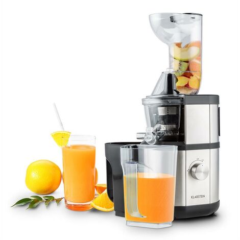 Klarstein Fruitberry, Entsafter, vertikale Saftpresse, extrem feine Edelstahl-Mikrosieb, Slow Juicer, 400 W, Umdrehungszahl 60 Um/Min, BPA-frei, inkl. zwei Behälter, 8,5cm Einfüllrohr, leise, silber