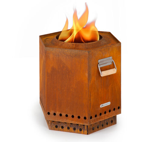 Blumfeldt Feuerstelle, Mobile Feuerschale mit Regenabdeckung und Holzgriffen, Outdoor Feuertisch, Holzkamin Tischfeuer mit 360° Feuerblick, Feuerschale für den Garten & Terrasse