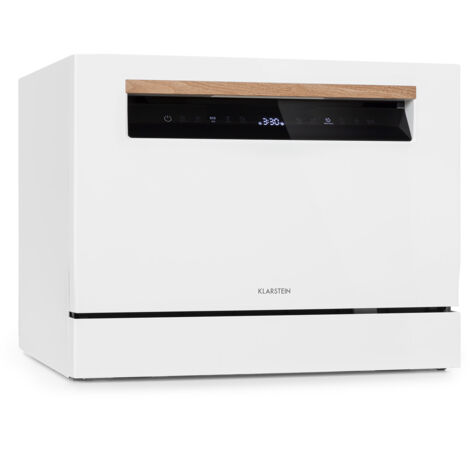 Klarstein Lagoona Mini-Geschirrspüler freistehend, , Leistung: 1380 Watt, 6 Standardgedecke, Wasserverbrauch: 6,5 L 7 Programme plus Extra-Trocknung, 49 dB, schwarzes Touch-Bedienfeld, weiß