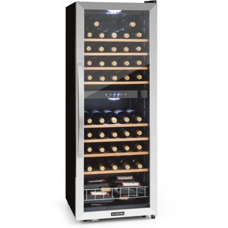 Klarstein Weinkühlschrank, 2 Zonen Getränkekühlschrank Schmal, Outdoor-Kühlschrank mit Glastür, Flaschenkühlschrank Klein mit UV-Schutz, Weinschrank für Getränke, Leiser Weinkühler 5-18°C, 54 Flaschen