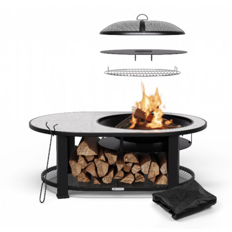 Blumfeldt Merano Circolo L Feuerschale - 3-in-1 Feuerschale mit Grillrost & Tisch, robuster Stahlrahmen, Terrazzo-Tischplatte, inkl. Funkenschutz, Schürhaken & Deckel, für Garten & Terrasse (1/5)