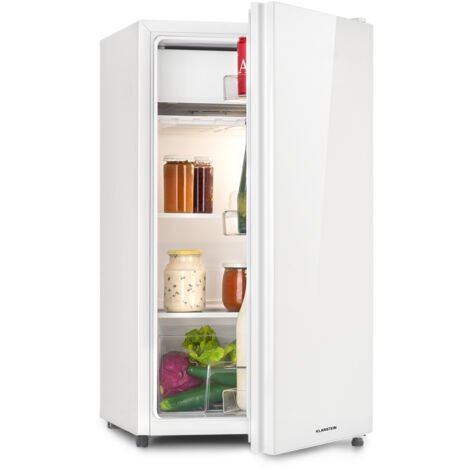 Klarstein Luminance Frost Kühl-Gefrier-Kombination - freistehender Kühlschrank, Glasfront, geräuscharm, ca. 45 x 84 x 48,5 cm (BxHxT), 91 Liter Gesamtvolumen, weiß