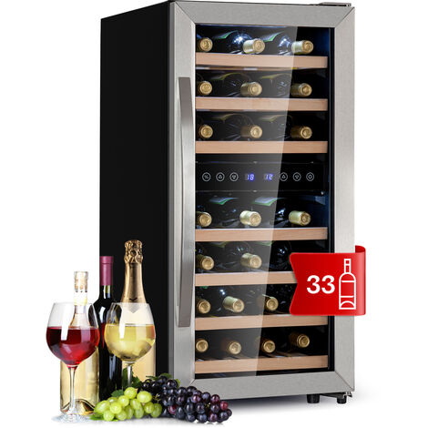 Klarstein Weinkühlschrank Freistehend, Kleiner Getränkekühlschrank Schmal, 2 Zonen Weinkühlschrank mit Glastür, Indoor/Outdoor Beersafe, Kühlschrank Klein mit LED-Lichter, 5-18°C, 33 Flaschen (1/5)