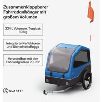 Klarfit Geräumiger Fahrradanhänger für 2 Haustiere mit 334 L Volumen - robuste Stahlrahmenkonstruktion, Reflektoren rundum - idealer Hundeanhänger & Lastenanhänger fürs Fahrrad