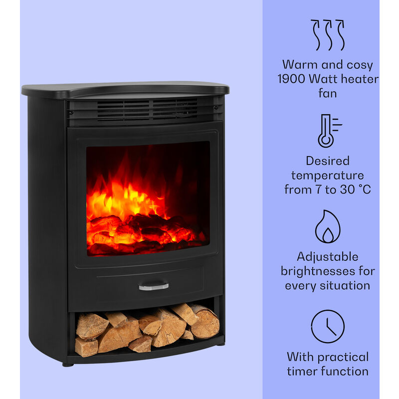 Colour: Black Klarstein Bormio S Electric Fireplace Open Window Detection Storage Space for Logs Weekly Timer Remote Control 2 Heat Settings: 950/1900 W Thermostat Realistic Flame Effects