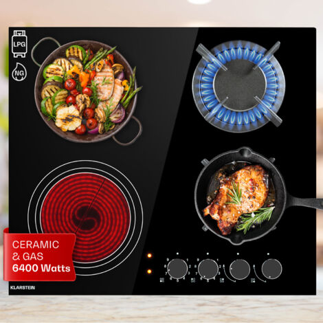 Klarstein Gas Cooker, 4 Burners Gas Hob, 6.4 kW Built In Four Ring Electric Hob, Campervan Cooktops Gas Cookers, Stainless Steel Glass Top Wok Burner, 4 Ring Kitchen Stoves Cooker Gas Burners Units